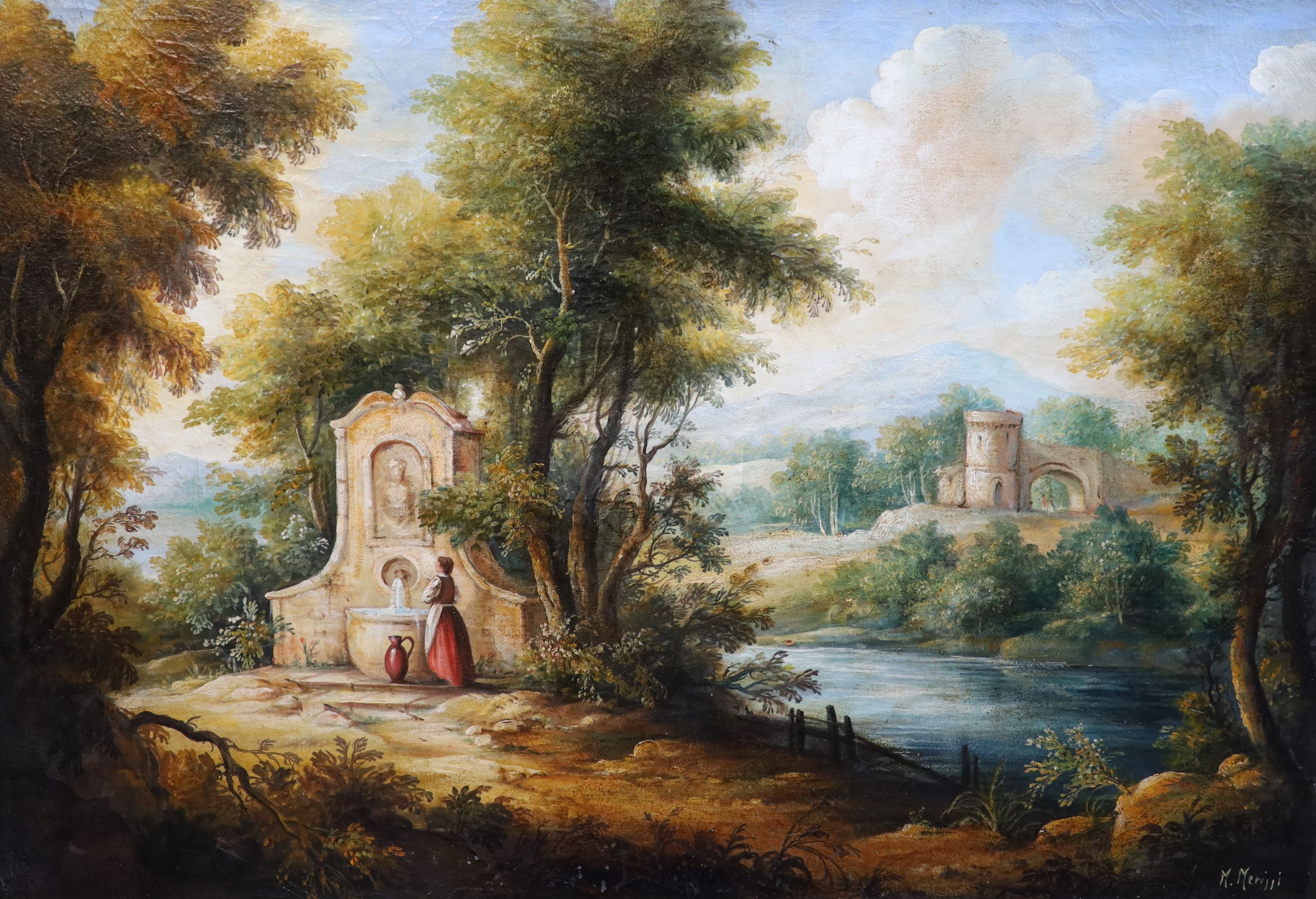 M. Merissi, oil on canvas, Italianate landscape with woman aqt a well, signed, 68 x 98cm